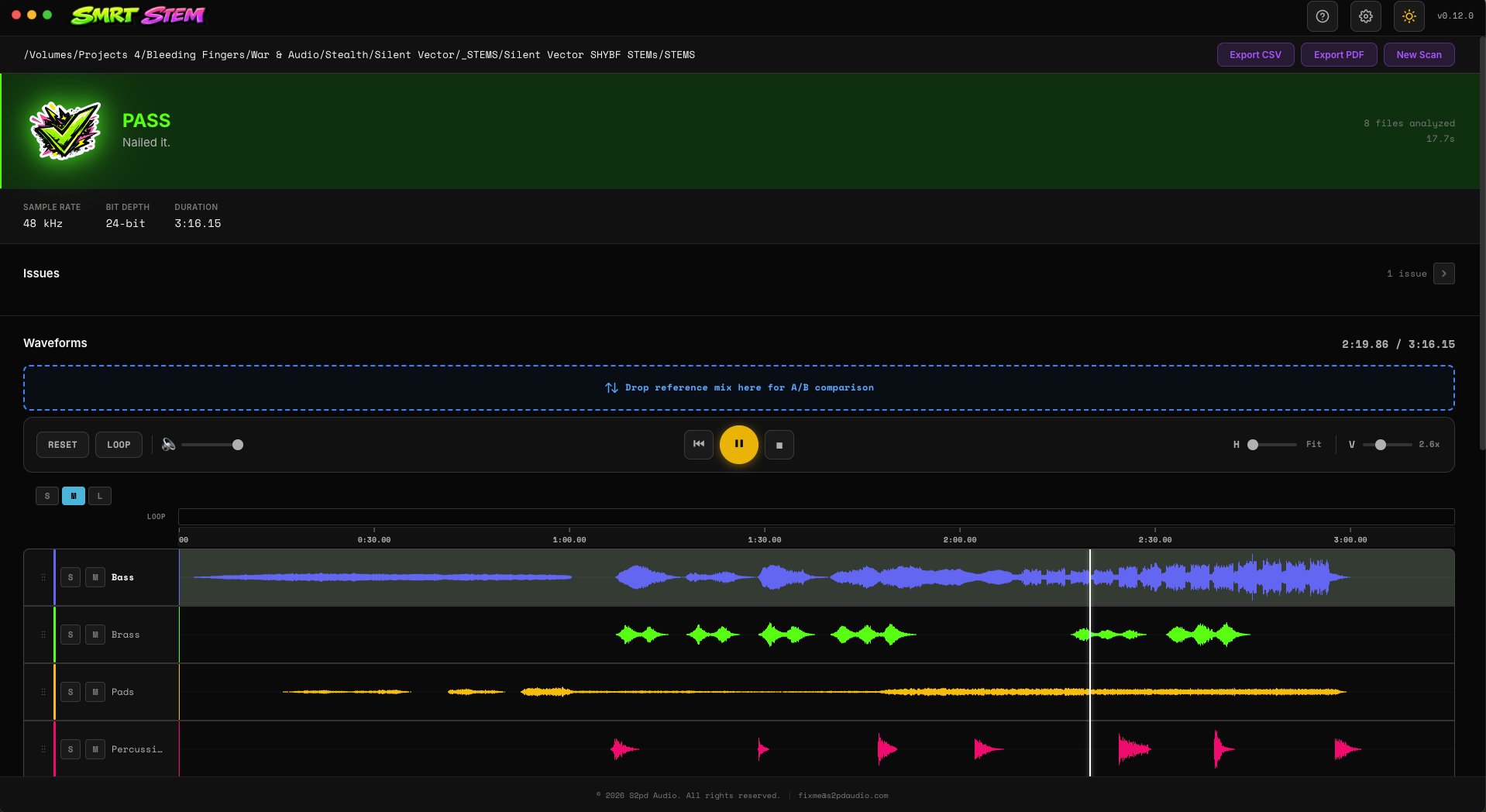 Smrt Stem - PASS verdict with colorful waveforms